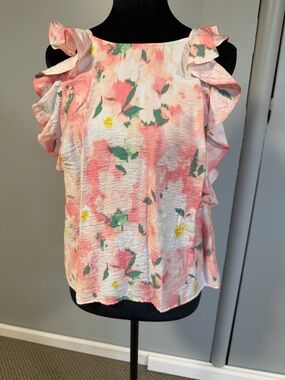 A New Day Floral Ruffle Sleeve Blouse Medium Pink Lightweight Spring Top NWT